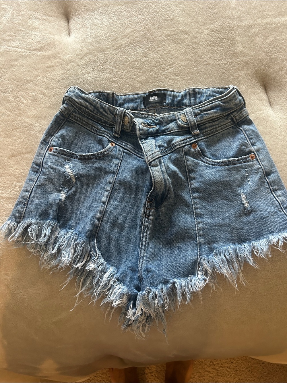 High-Waist Light Blue Denim Fringe Women’s Shorts